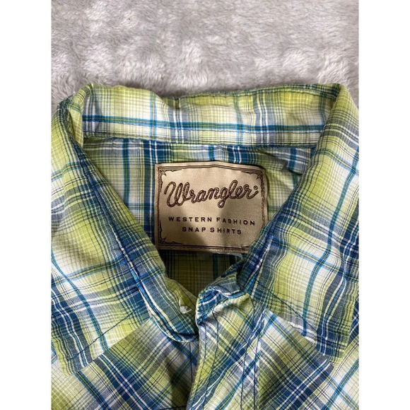 Wrangler Mens Western Cowboy Shirt Green Plaid Short Sleeve Pocket Pearl Snap L - Picture 4 of 7